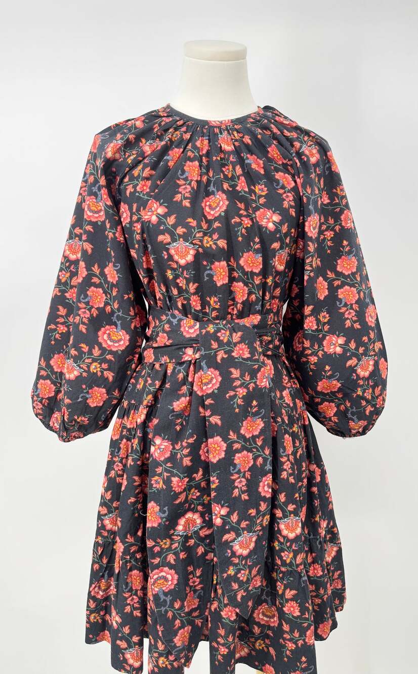 The Great. The Bluff Dress Black Floral Puff Sleeve Cotton Knee Length XS
